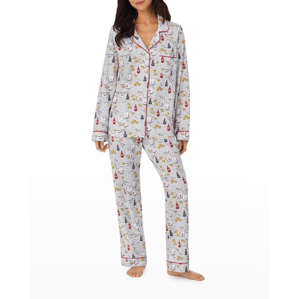 BedHead Pajamas Womens XS Gray Chinese Takeout Print Long Sleeve Pajama Set